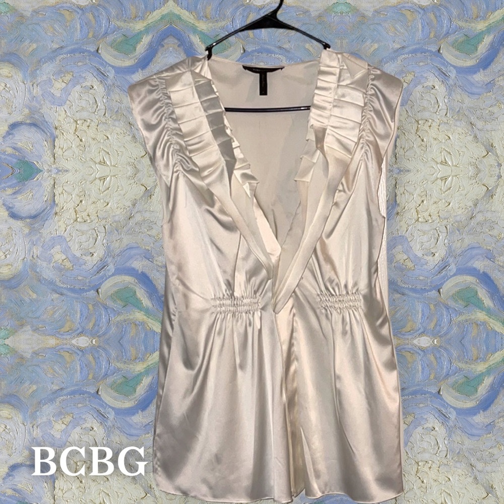 BCBGMaxAzria Ivory Satin Ruffled V-Neck Blouse